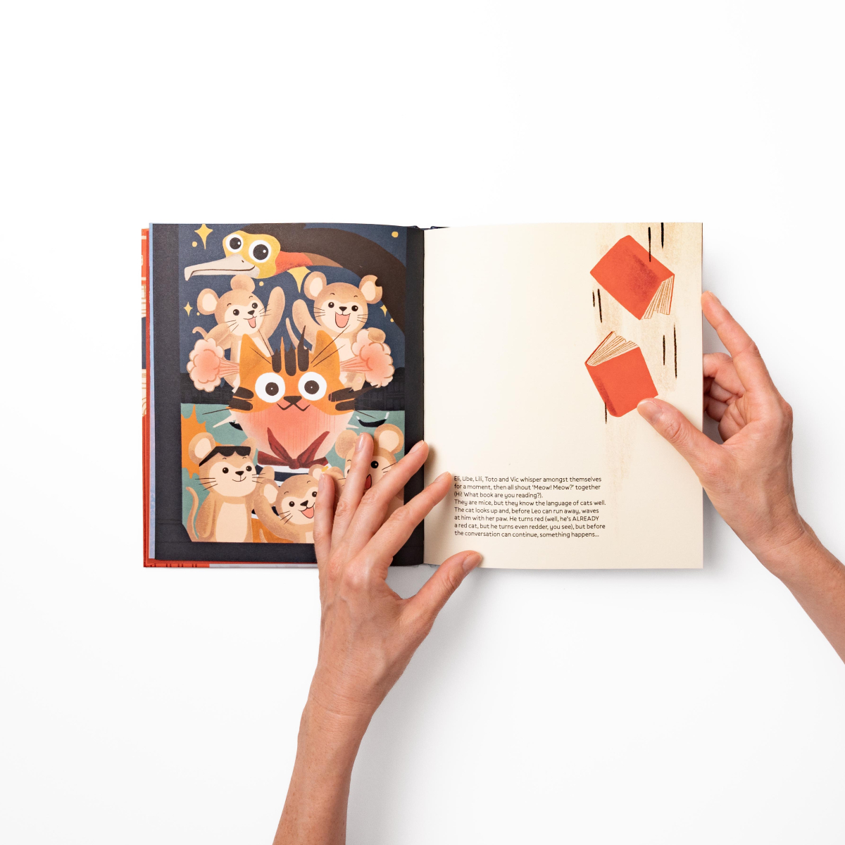 Inside page: Leo surrounded by Venetian mice amongst the falling books