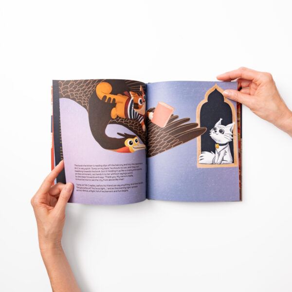 Inside page: Leo flies onto a cormorant to return the book to Stella the kitten