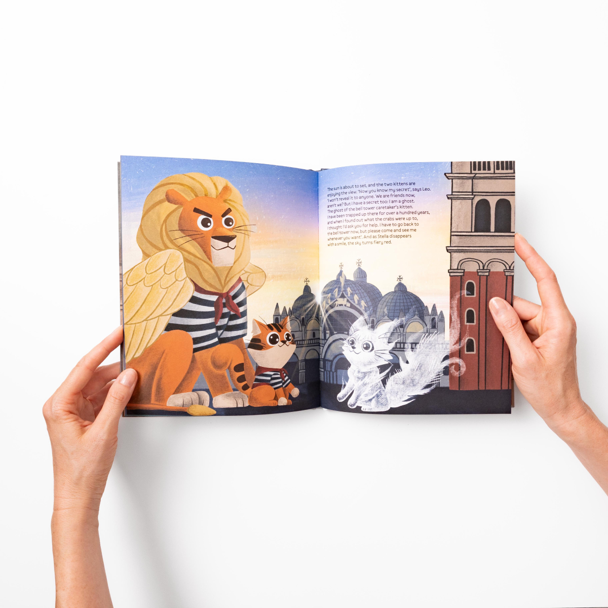 Inside page: the winged Lion of St Mark with Leo and the ghostly kitten Stella on the bell tower