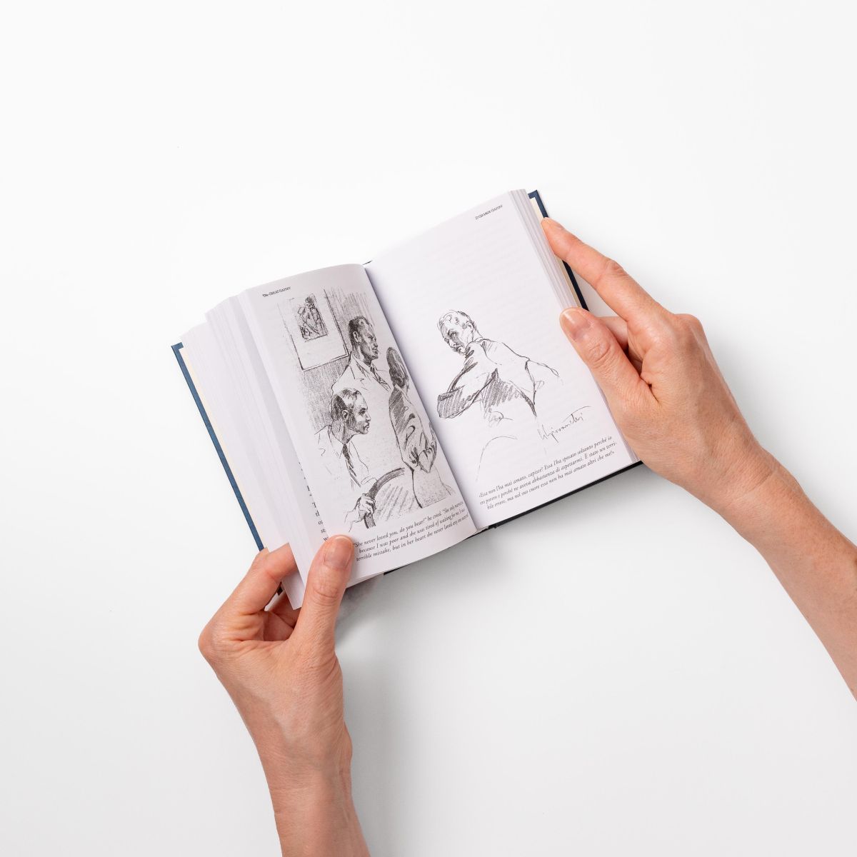 The Great Gatsby - Illustrated Edition Interior pages of "The Great Gatsby" featuring pencil illustrations and bilingual Italian-English text
